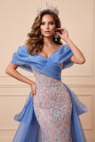 Blue and Pink Off the Shoulder Sequins Mermaid Long Pageant Dress with Train