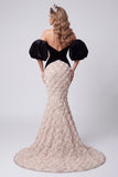 Black Mermaid Sweetheart Sequins Floral Long Cut Out Pageant Dress with Puff Sleeves