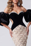Black Mermaid Sweetheart Sequins Floral Long Cut Out Pageant Dress with Puff Sleeves