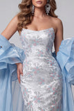 Light Blue Strapless Mermaid Floral Beaded Long Pageant Dress with Ruffle Train
