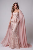 Sweetheart Blush Mermaid Floral Ruffled Sequins Long Pageant Dress with Cape