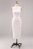 White Strapless Midi Bodycon Ruched Corset Engagement Dress with Slit
