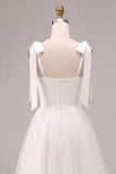A-Line White Square Neck Midi Tulle Engagement Dress with Bow
