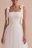 A-Line White Square Neck Midi Tulle Engagement Dress with Bow