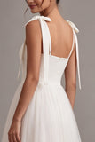 A-Line White Square Neck Midi Tulle Engagement Dress with Bow
