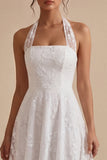 A-Line White Flower Halter Neck Midi Engagement Dress with Lace