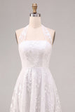 A-Line White Flower Halter Neck Midi Engagement Dress with Lace