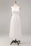 One Shoulder A-Line White Midi Engagement Dress