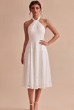 White Halter Neck A-Line Midi Engagement Dress with Lace