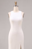 White Mermaid Round Neck Satin Long Engagement Dress with Slit