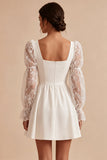 A-Line Square Neck Lace Little White Dress with Long Sleeves