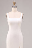 Mermaid White Square Neck Long Engagement Dress with Slit