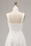 A-Line White Floral Thick Straps Keyhole Midi Engagement Dress