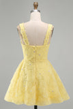 A-Line Square Neck Pearls Floral Short Yellow Homecoming Dress with Beading