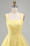 A-Line Square Neck Pearls Floral Short Yellow Homecoming Dress with Beading