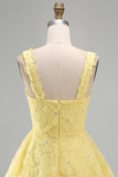 A-Line Square Neck Pearls Floral Short Yellow Homecoming Dress with Beading