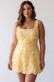 A-Line Square Neck Pearls Floral Short Yellow Birthday Dress with Beading