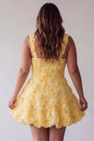 A-Line Square Neck Pearls Floral Short Yellow Birthday Dress with Beading