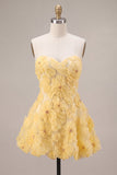 Yellow Sweetheart A-Line Beaded Pearls Floral Homecoming Dress with Ruffles
