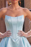 Strapless Blue Basque Waist A-Line Tiered Ruffled Corset Satin Homecoming Dress