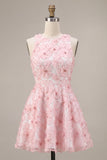 Pink A-Line Floral Round Neck Pearls Ruffled Homecoming Dress with Beading
