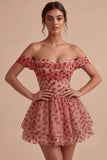 Off the Shoulder Red A-Line Sequins Corset Tiered Ruffled Homecoming Dress