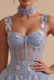 A-Line Blue Sheer Corset Floral Ruffled Bubble Hem Short Homecoming Dress