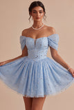 Off the Shoulder Blue A-Line Ruffled Corset Beaded Short Homecoming Dress