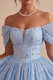 Off the Shoulder Blue A-Line Ruffled Corset Beaded Short Homecoming Dress
