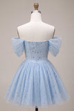 Off the Shoulder Blue A-Line Ruffled Corset Beaded Short Homecoming Dress