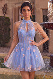 A-Line Blue Halter Neck Ruffled Floral Corset Pearls Short Homecoming Dress