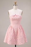 Strapless Pink Jacquard A-Line Ruffled Short Homecoming Dress