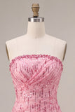 A-Line Pink Strapless Sequins Ruched Bubble Hem Short Homecoming Dress