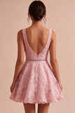 A-Line Pink V-Neck Ruffled Pearls Floral Embroidery Short Homecoming Dress