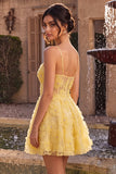 Yellow A-Line Pearls Floral Embroidery Short Homecoming Dress with Ruffles