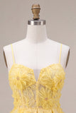 Yellow A-Line Pearls Floral Embroidery Short Homecoming Dress with Ruffles