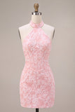 Pink Floral Halter Neck Bodycon Corset Jacquard Short Homecoming Dress