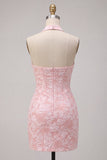 Pink Floral Halter Neck Bodycon Corset Jacquard Short Homecoming Dress