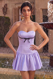 Lilac Satin Strapless A-Line Ruffle Short Homecoming Dress