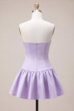 Lilac Satin Strapless A-Line Ruffle Short Homecoming Dress