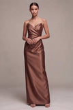 Coffee Strapless Ruched Sheath Satin Long Formal Dress with Slit