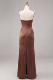 Coffee Strapless Ruched Sheath Satin Long Formal Dress with Slit