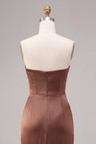 Coffee Strapless Ruched Sheath Satin Long Formal Dress with Slit