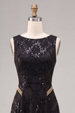 A-Line Black Round Neck Sequins Long Formal Dress