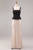 Black and White Mermaid Square Neck Sequins Long Formal Dress