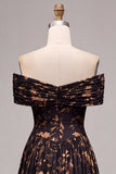 Black A-Line Off the Shoulder Floral Ruched Long Formal Dress