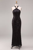 Black Mermaid Halter Neck Sequins Long Formal Dress
