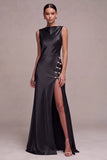 Olive Mermaid Bateau Neck Satin Long Formal Dress with Slit