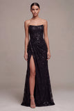 Strapless Sequins Black Mermaid Ruched Long Formal Dress with Slit
