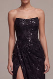 Strapless Sequins Black Mermaid Ruched Long Formal Dress with Slit